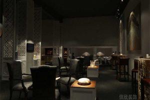 暗色系古典餐廳西餐廳鏤空墻體藝術(shù)雕刻白色平推門效果