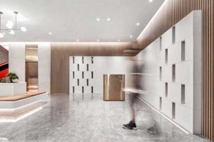 展示區(qū)瓷磚地面木飾面背景墻裝修設計效果圖
